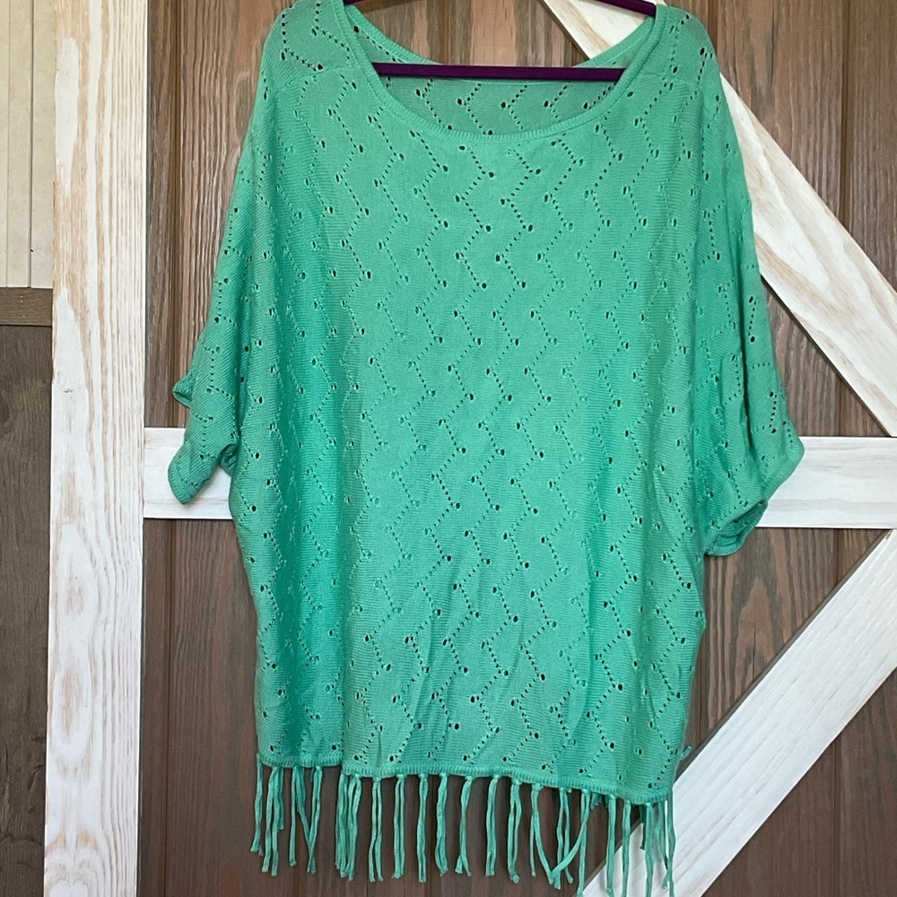 NY Collection Mint Green Knit Fringe Top. Dolman Sleeve. Size 2X runs big NWOT